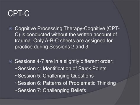 Challenging beliefs worksheet column a column b column c situation automatic thoughts challenging your automatic thoughts describe the event(s), thought(s), or belief(s) leading to the unpleasant emotion(s). PPT - Cognitive processing therapy: for the treatment of trauma PowerPoint Presentation - ID:1834797