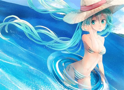 Aqua Eyes Aqua Hair Bikini Hat Hatsune Miku Long Hair Navel Q Chiang Swim Ring