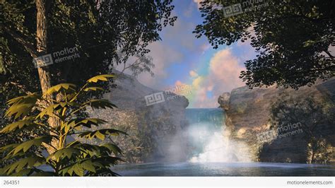 1148 Waterfall Rainbow Tropical Oasis Jungle Sunset Loop Stock Animation 264351