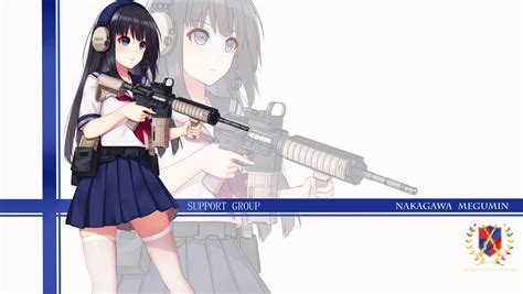 Safebooru 1girl Absurdres Allenes Assault Rifle Belt Black Hair Blue Eyes Gun Headset Highres