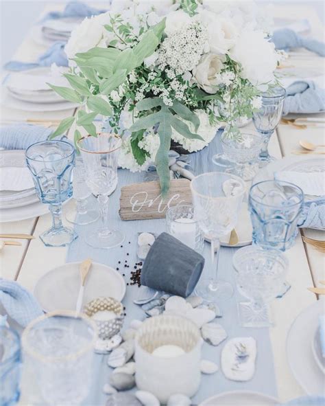 Dusty Blue Wedding Table Decor And Place Setting Blue Wedding
