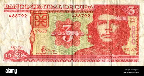 Three Cuban Peso Banknote Local Money With The Potrait Of Ernesto