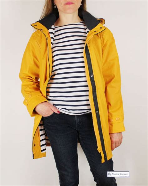 Womens Raincoat Yellow Striped Lined With Hood The Nautical Company Uk