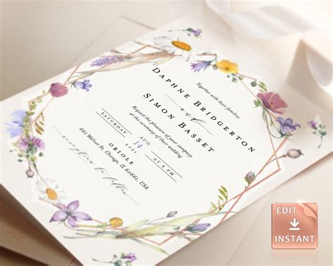 Boho Wildflowers Wedding Invitation Floral Invite Templates Etsy