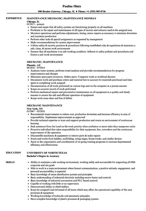 Custodian resume template (text format). Mechanic Maintenance Resume Samples | Velvet Jobs
