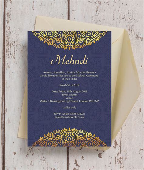 You can paint your hands green with mehndi and the town yellow with haldi on such a function! Navy Blue & Gold Mehndi / Baraat Card from £0.85 each