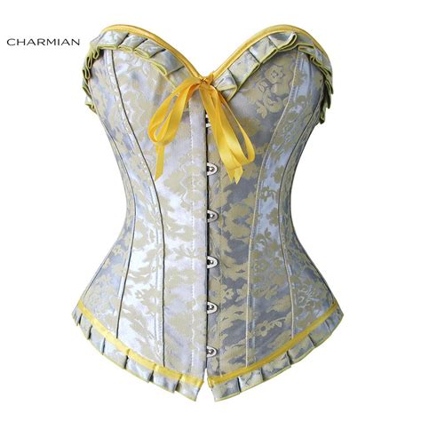 2020 Charmian Womens Sexy Overbust Corset Jacquard Ruffles Floral Silver And Yellow Corsets And