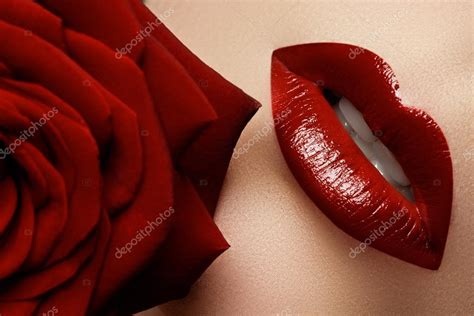 Close Up Beautiful Female Lips With Bright Red Makeup Perfect Clean