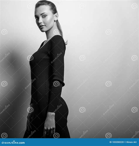 Young Sensual Model Woman Pose In Studio Black White Photo Stock