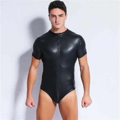 Black Sexy Men S Leather Bodysuit Pu Latex Catsuit Men Sexy Lingerie