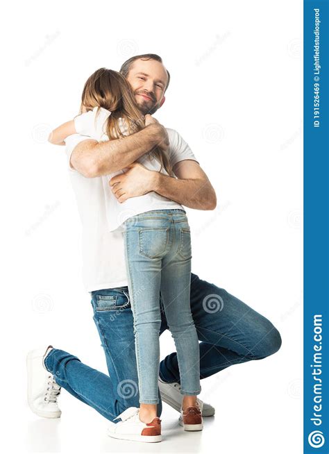 Happy Father Hugging Daughter Isolated On Stock Image Image Of