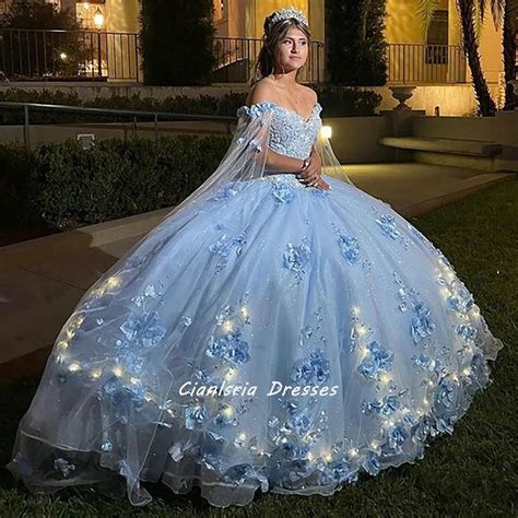 Princess Sky Blue Quinceanera Dresses With Cape Gold Lace Appliqued