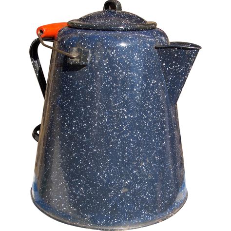 Vintage Blue Enamel Ware Large Camp Coffee Pot From