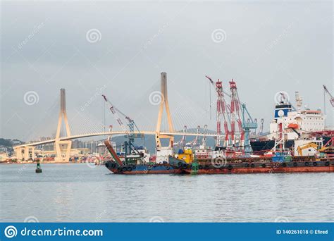 View Of Busan Harbor Bridge And The Port Of Busan Stock Photo Image