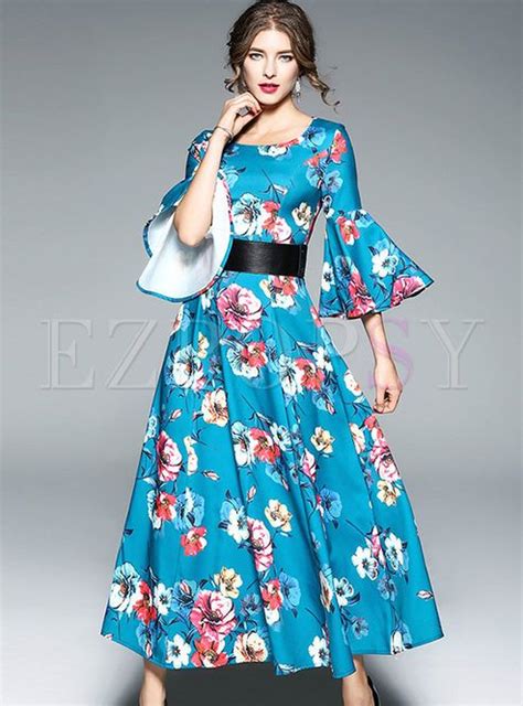 Shop Blue Floral Print Flare Sleeve Belted Maxi Dress At Ezpopsy