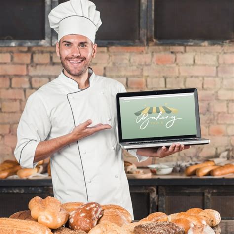 Bakery branding free mockup to present your product in a photorealistic look. Bakery mockup with laptop PSD file | Free Download
