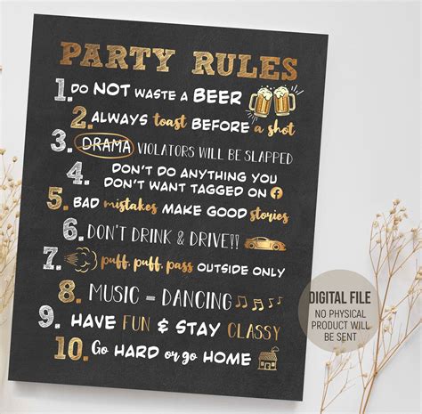 Printable Birthday Decorations Cheers And Beers Party Rules Poster Funny Black And Gold Sign