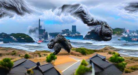 Godzilla Attacking The Coast Of Japan Hyperdetailed Hyperrealism 4k R