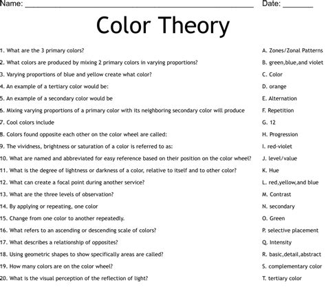 Color Theory Worksheet Wordmint