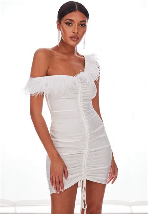 White Feather Satin Off Shoulder Mini Dress Missguided Australia