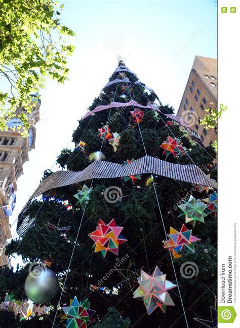Tall Outdoor Christmas Tree With Decoration Stock Image Image Of