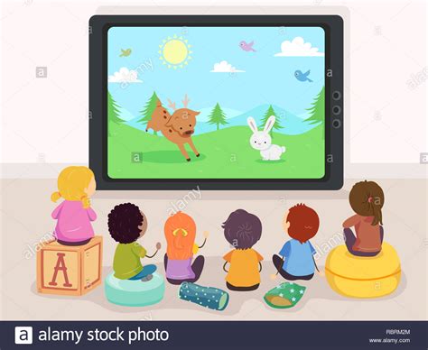 Illustration Of Stickman Kids Watching Reindeer And Rabbit Cartoons On Television Stock Photo