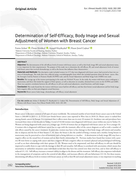 Pdf Determination Of Self Efficacy Body Image And Sexual Adjustment Of Women With Breast Cancer