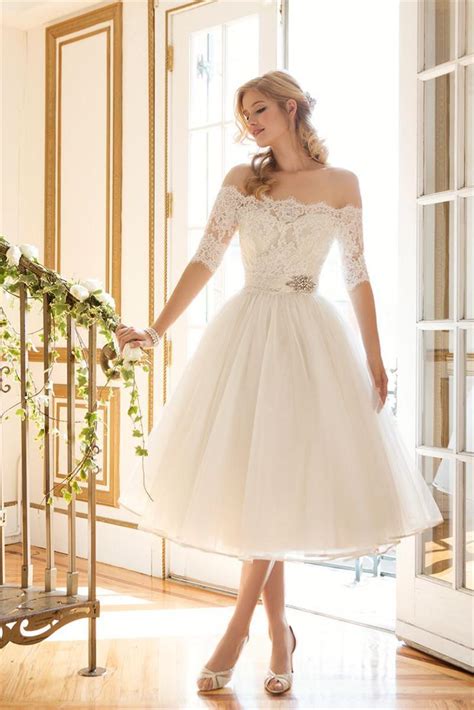 Short Off Shoulder Lace Wedding Dresses 12 Long Sleeve Rhinestone Sash