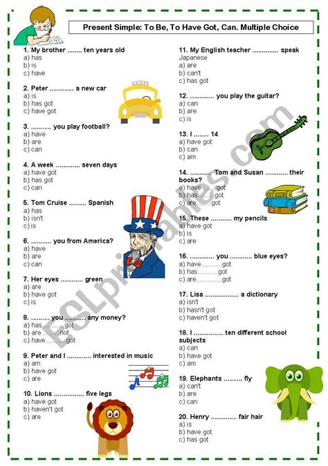 Multiple Choice Present Simple Be Have Got Can Esl Worksheet By