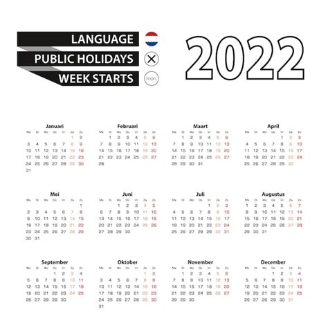 Kalendarz 2022 W Języku Holenderskim Tydzień Zaczyna Się W