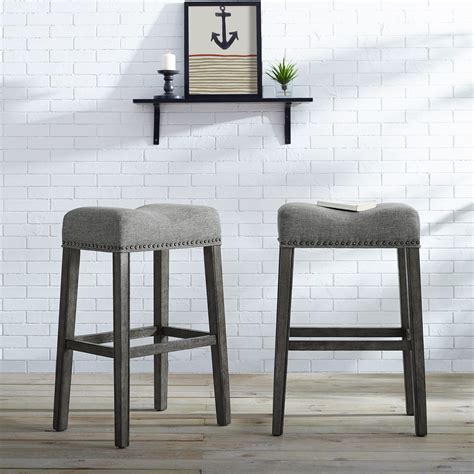 Roundhill Furniture Coco Upholstered Backless Saddle Seat Bar Stools 29 Height Set Of 2 Gray