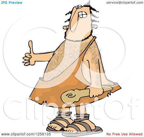 Clipart Of A Hairy Caveman Holding A Club And Thumb Up Royalty Free