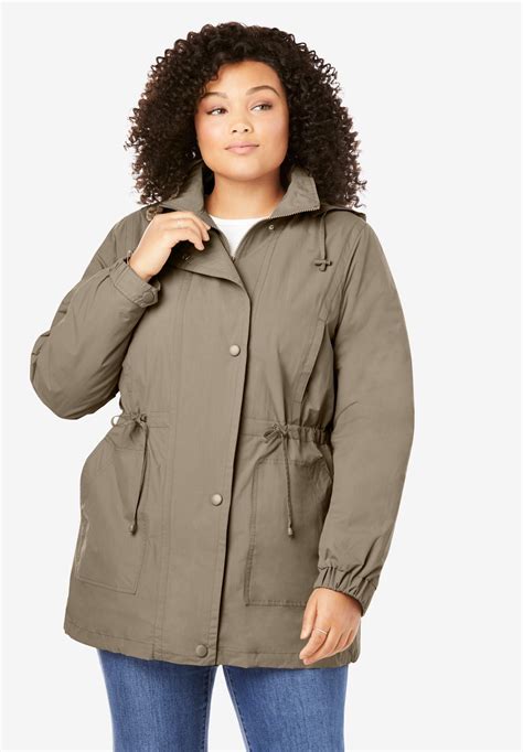 Woman Within Womens Plus Size Fleece Lined Taslon Anorak Rain Jacket
