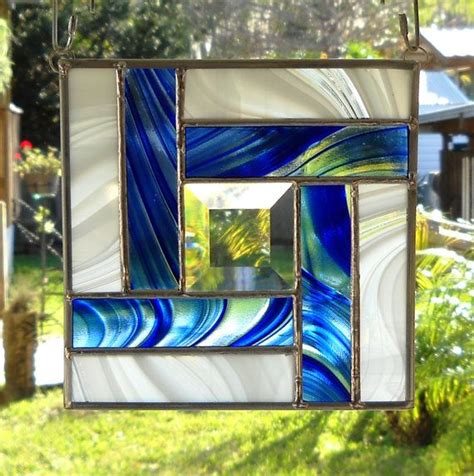 Stained Glass Quilt Square Suncatcher In Wispy Blue And White Stained