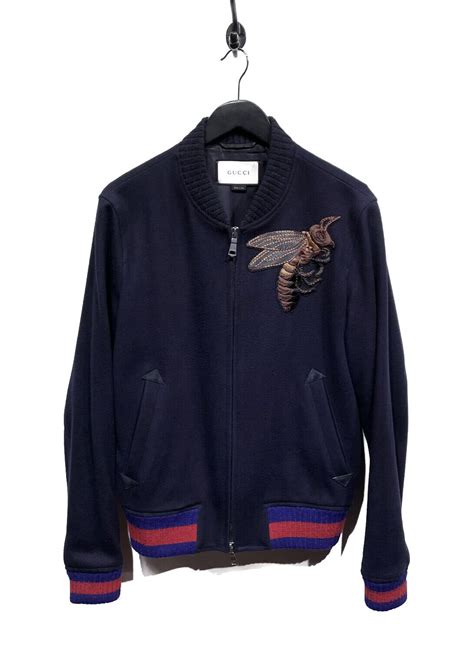 Gucci Navy Blue Bee Embroidered Wool Bomber Jacket Gem