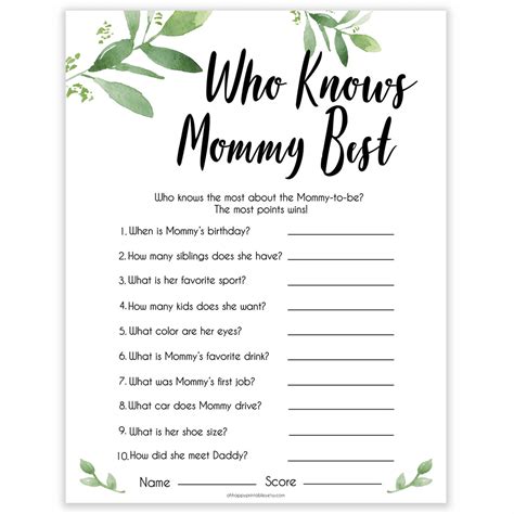 Who Knows Mommy Best Game Botanical Baby Shower Games Ohhappyprintables