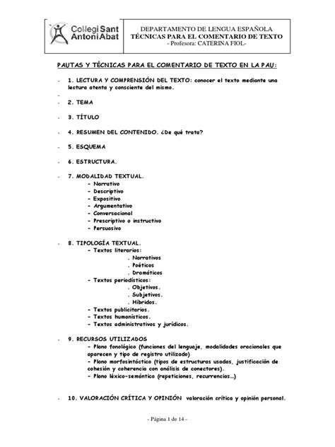 Pautas Para El Comentario De Texto Narración Diálogo Prueba