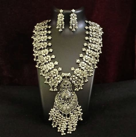 Oxidized Indian Jewelry Long Necklace Boho Jewelry Flower Etsy 日本