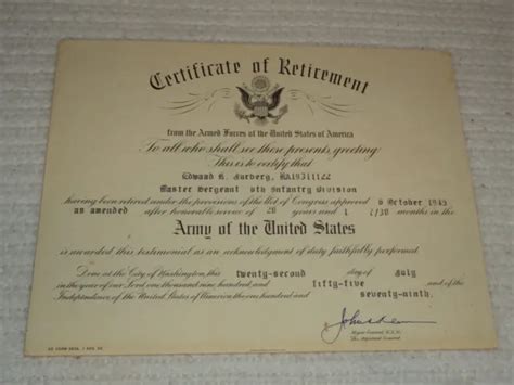 Us Army Certificate Of Retirement 1955 6th Infantry Division Original