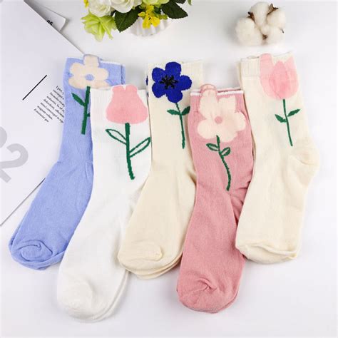 【prettyset】1pair Japanese Style Cute 3d Flower Tulip Socks Womens Mid Tube Ins Trendy Summer