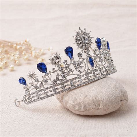 2021 Luxury Elegant Blue Rhinestone Bridal Tiara Crystal Wedding
