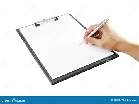 Mão Com Escrita Da Pena Na Prancheta Foto De Stock Imagem De Homem