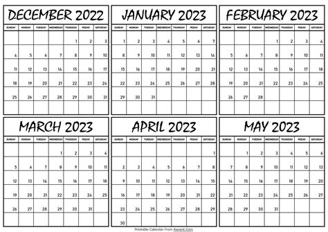 December 2022 To May 2023 Calendar Template Six Months