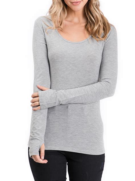 Doublju Doublju Womens Round Neck Long Sleeve Ribbed Top With Thumb