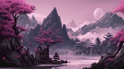 Purple Trees Mountains Japanese Painting Ai Generated 4k Wallpaper