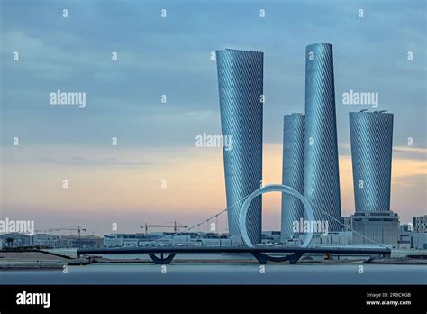 Plaza Tower Lusail With Arch Bridge Lusail Boulevard Sunset Time Stock