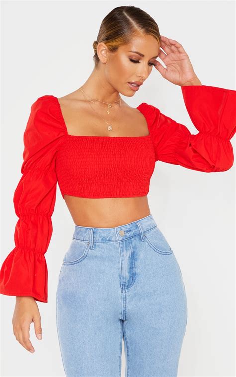 Red Ruched Long Sleeve Crop Top Tops Prettylittlething Il