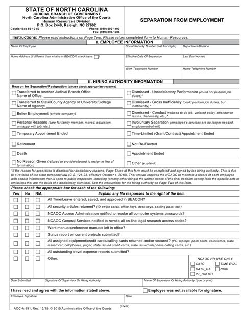 Form Aoc A 191 Download Fillable Pdf Or Fill Online Separation From