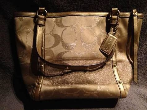 Authentic Gold Coach Classic Signature Stripe Handbag Purse Bag Tote