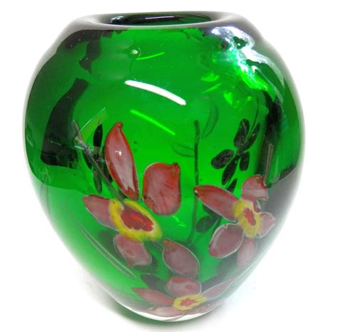 Vintage Murano Art Glass Vase Venetian Millefiori Flowers Emerald Green 6 25 Murano Glass